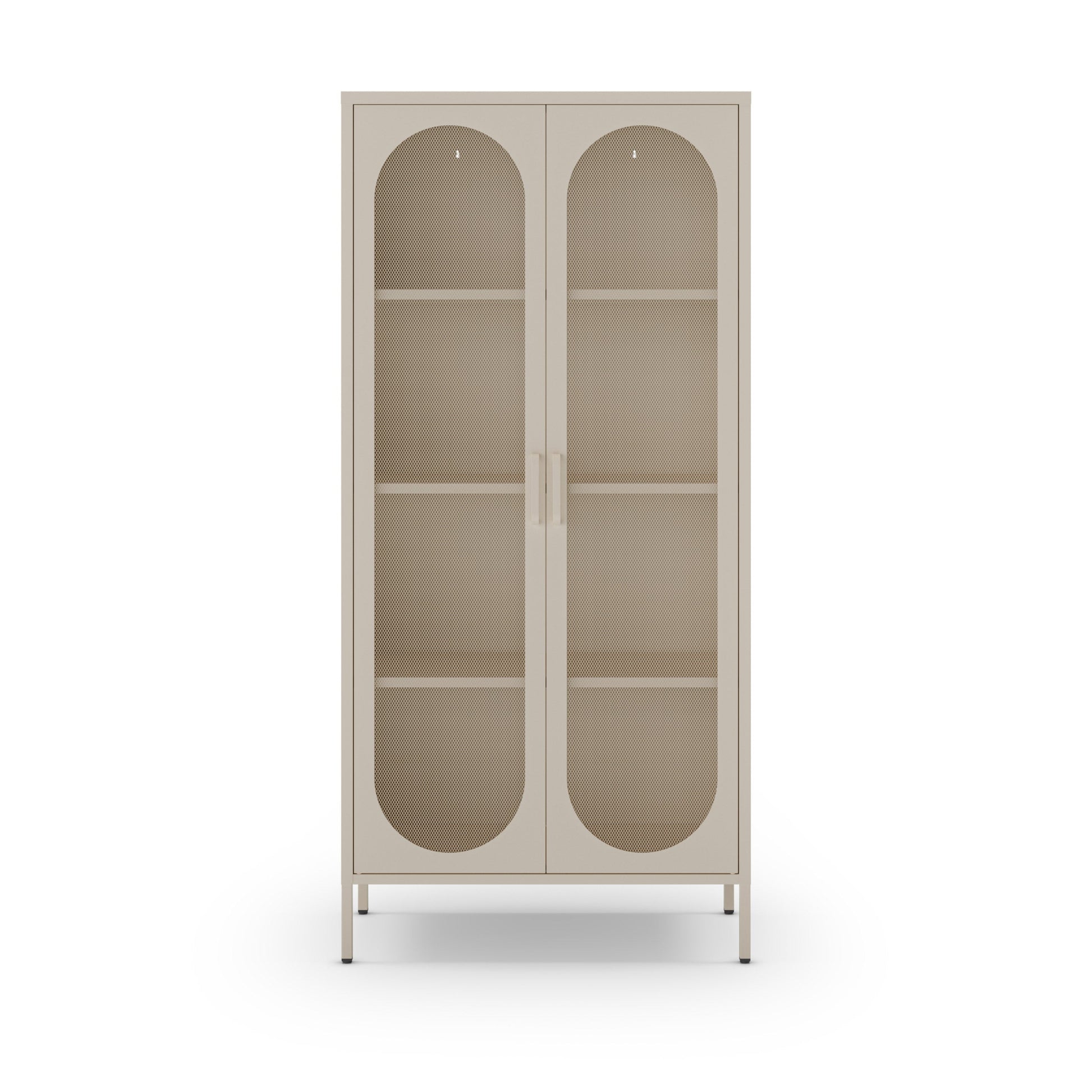A tall, narrow two-door cabinet with arched glass door panels and four interior shelves, shown on a plain white background.