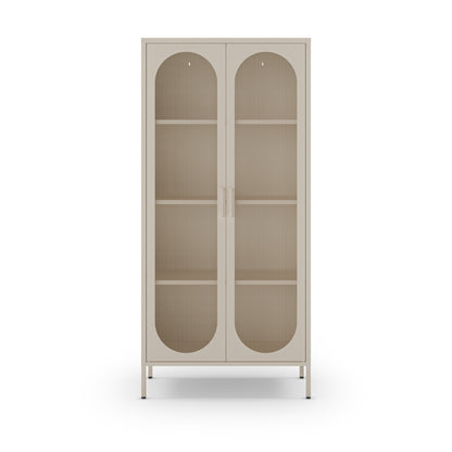 A tall, narrow two-door cabinet with arched glass door panels and four interior shelves, shown on a plain white background.