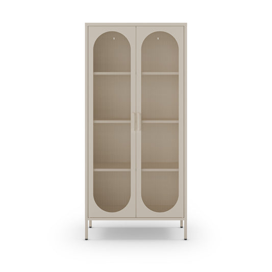 A tall, narrow two-door cabinet with arched glass door panels and four interior shelves, shown on a plain white background.