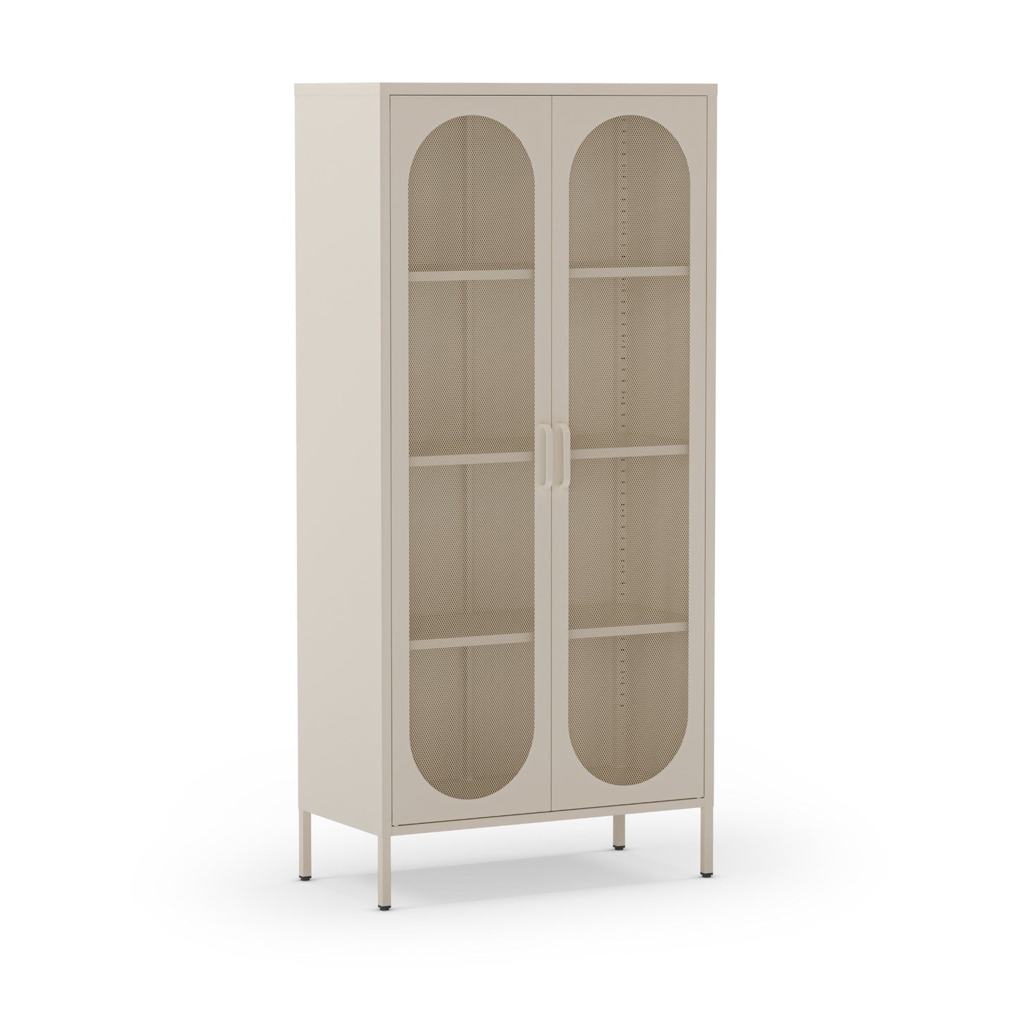 Beige display cabinet with glass doors on a white background