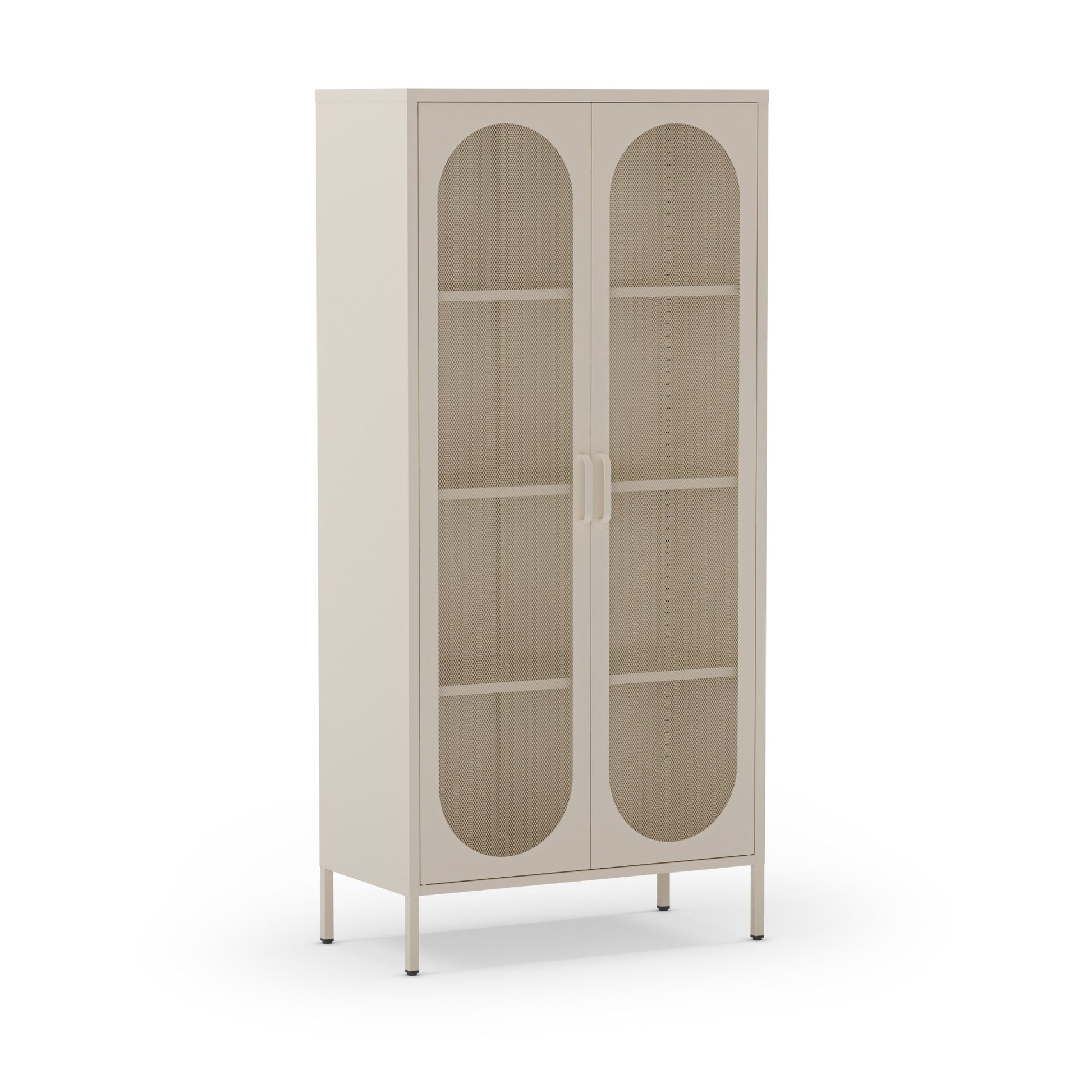Beige display cabinet with glass doors on a white background