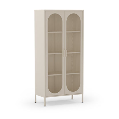 Beige display cabinet with glass doors on a white background