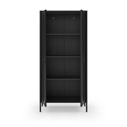 A tall black metal storage cabinet with two open doors and four interior shelves, shown against a plain white background.