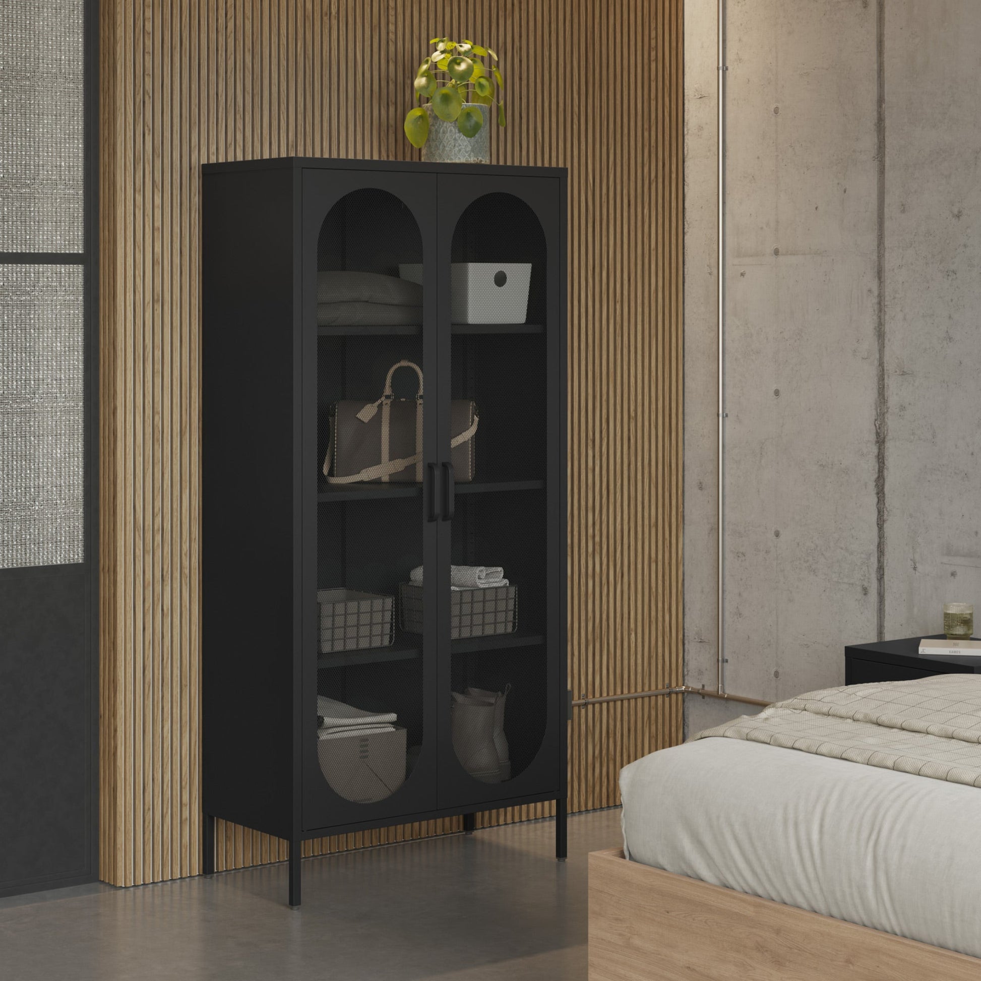 Modern bedroom with a black cabinet and wooden bed.
