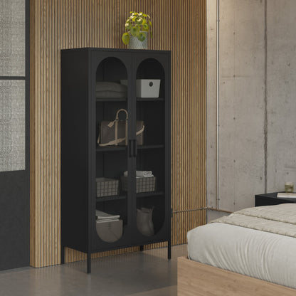 Modern bedroom with a black cabinet and wooden bed.