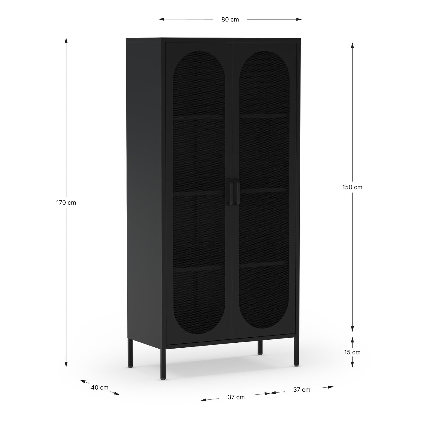 Black cabinet with dimensions labeled on a white background