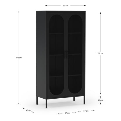 Black cabinet with dimensions labeled on a white background