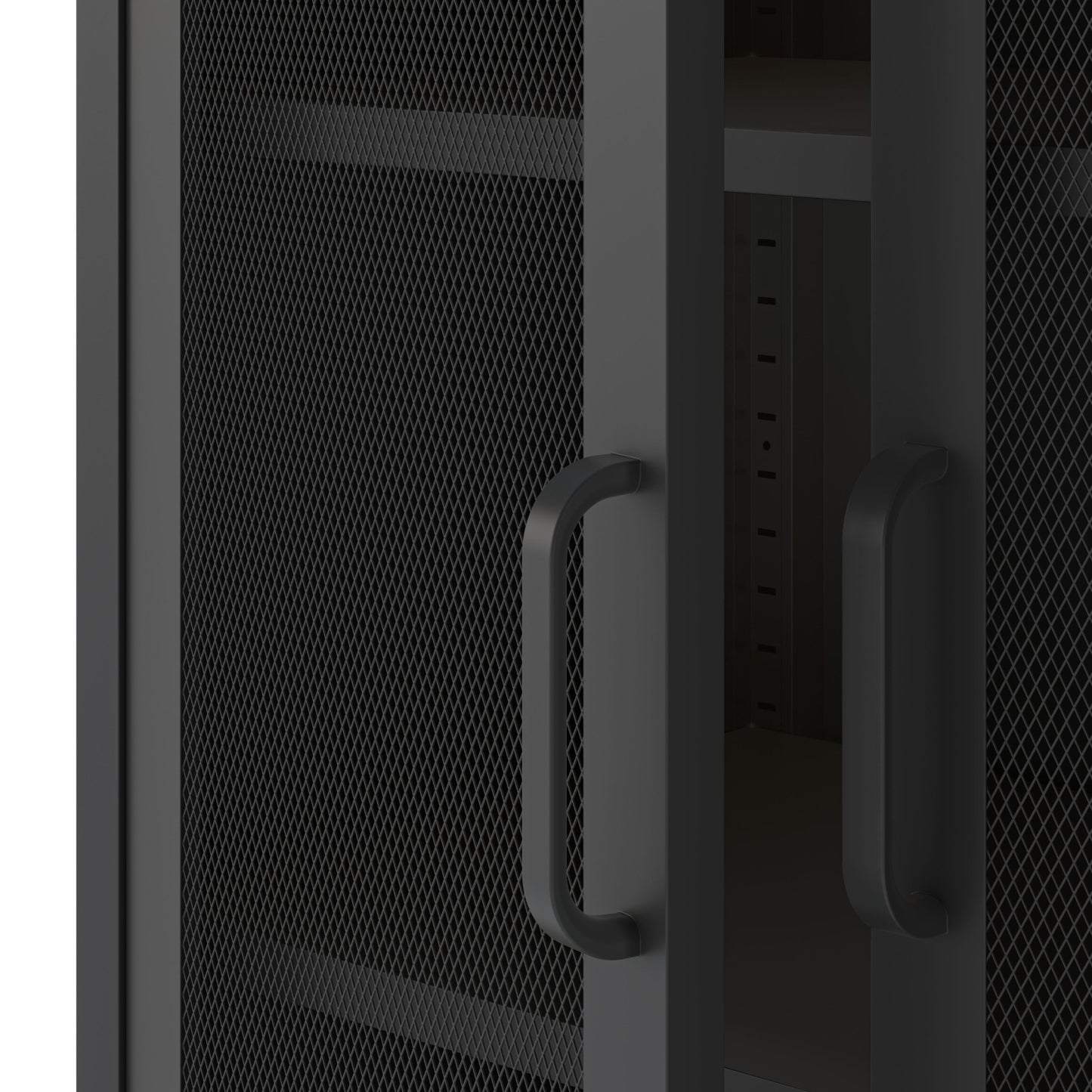 Black mesh storage cabinet with open door on a white background