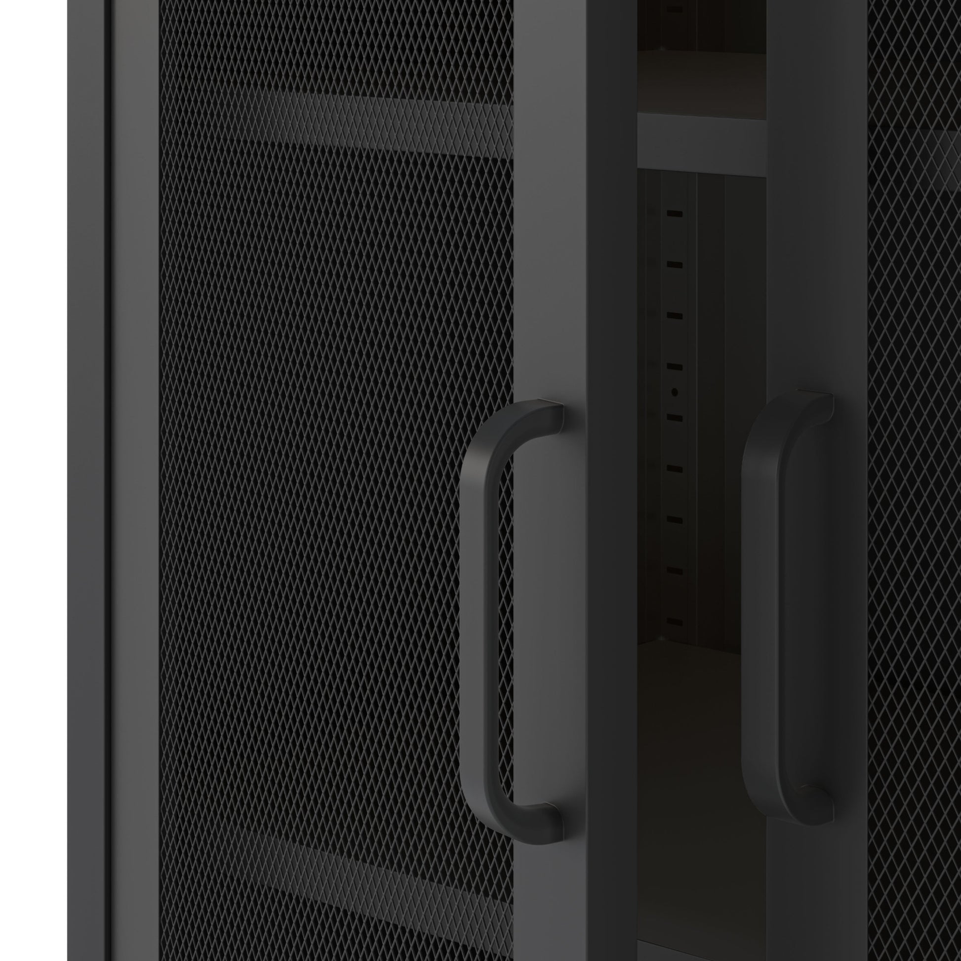 Black mesh storage cabinet with open door on a white background