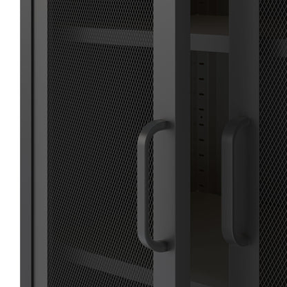Black mesh storage cabinet with open door on a white background