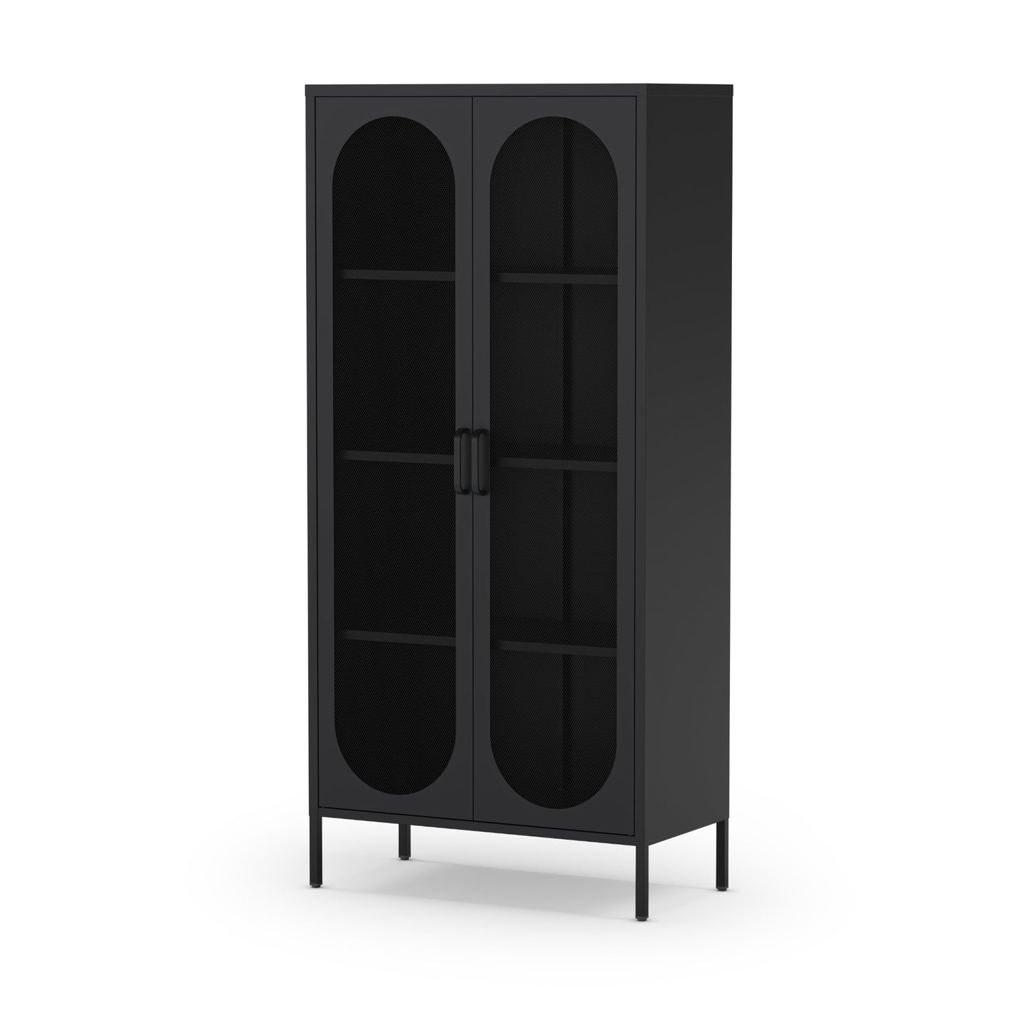 A tall black metal cabinet with two arched glass doors and four open shelves, shown on a plain white background.