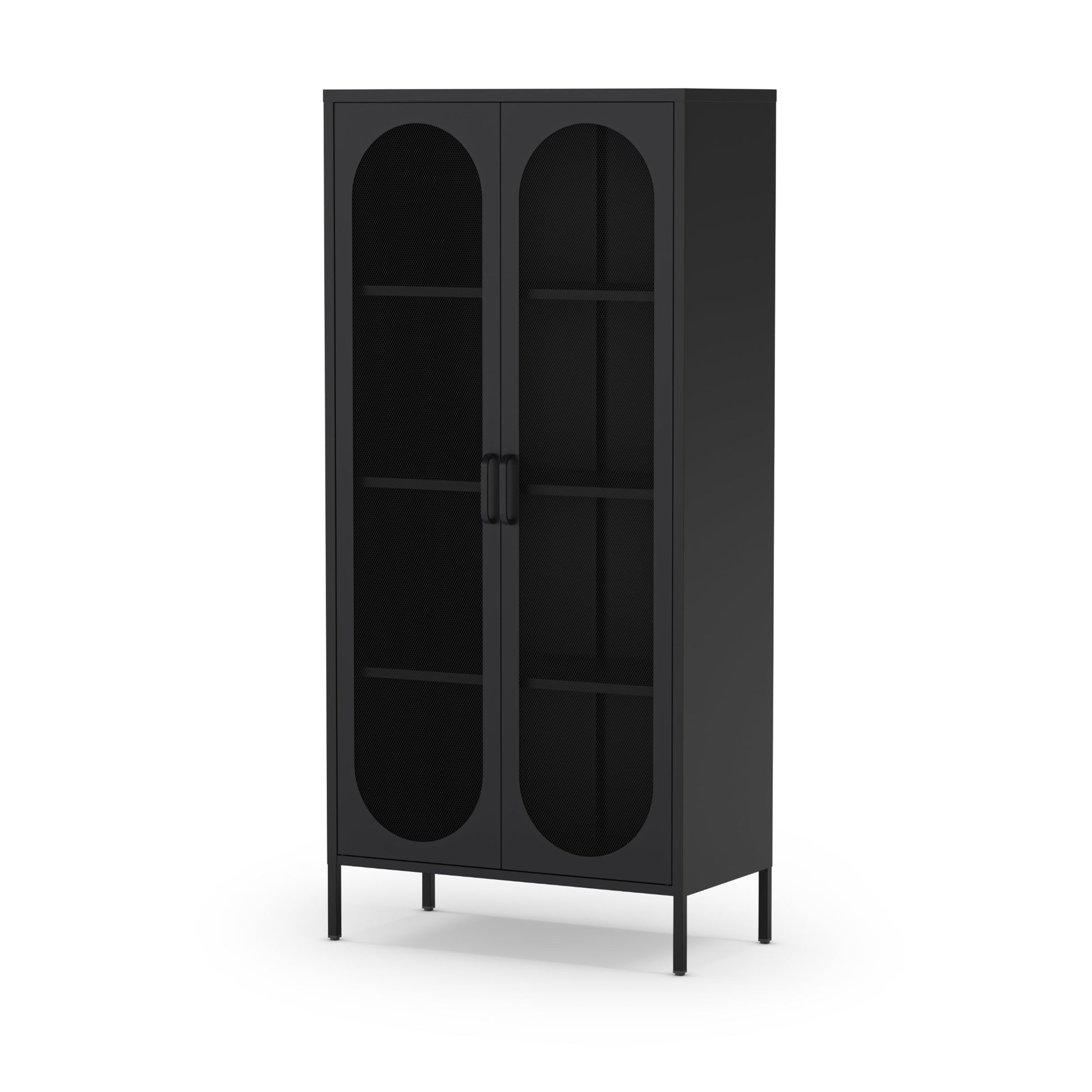 A tall black metal cabinet with two arched glass doors and four open shelves, shown on a plain white background.