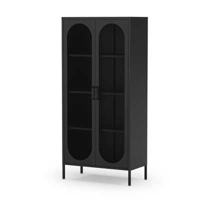 A tall black metal cabinet with two arched glass doors and four open shelves, shown on a plain white background.