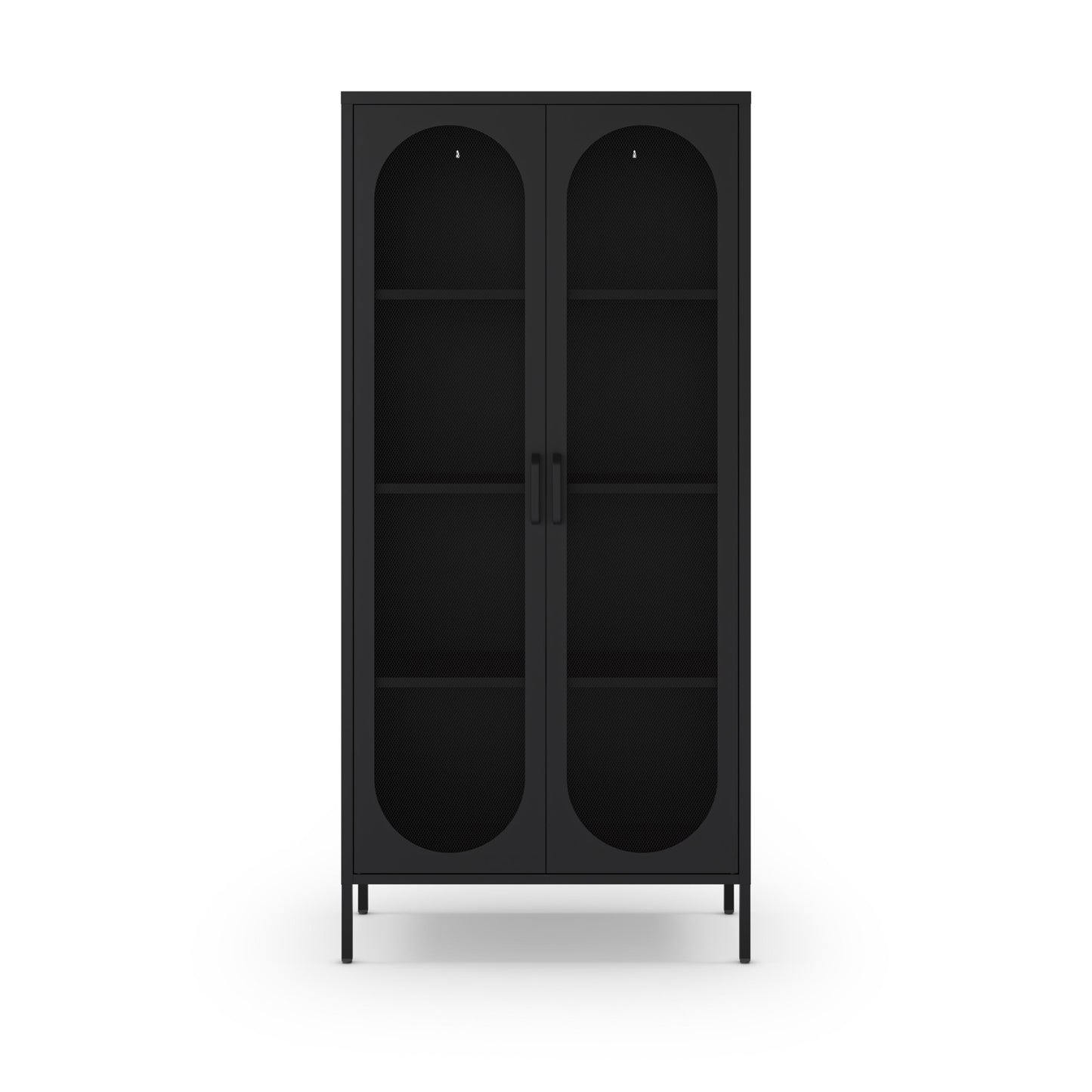 A tall black two-door display cabinet with arched glass door panels and four interior shelves, shown against a plain white background.