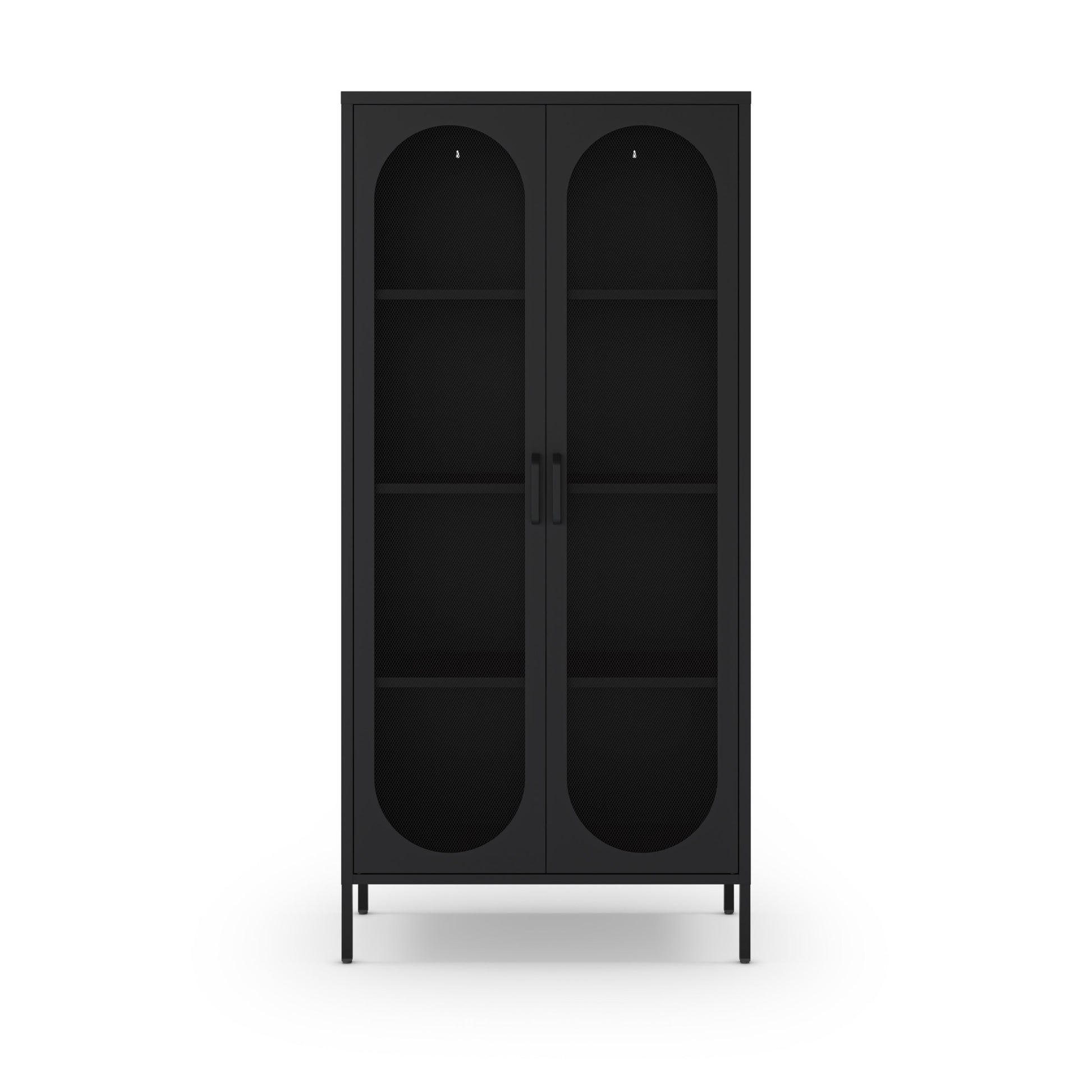 A tall black two-door display cabinet with arched glass door panels and four interior shelves, shown against a plain white background.