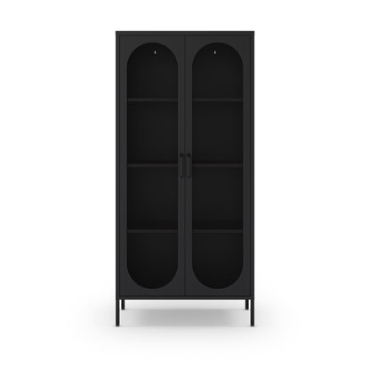A tall black two-door display cabinet with arched glass door panels and four interior shelves, shown against a plain white background.