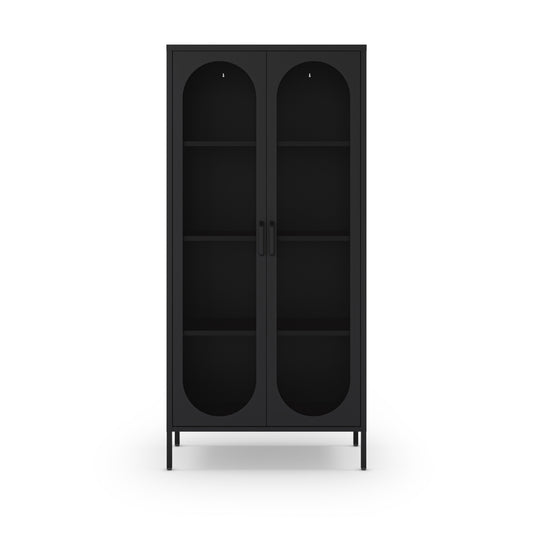 A tall black two-door display cabinet with arched glass door panels and four interior shelves, shown against a plain white background.