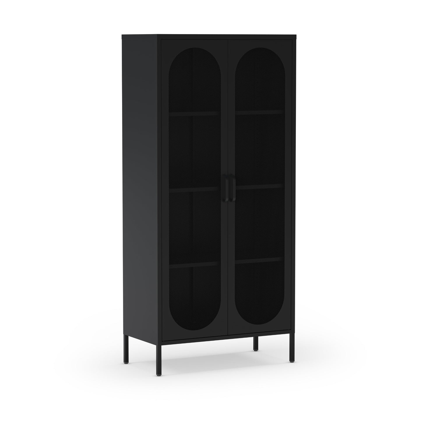 A tall black cabinet with two arched glass doors and four legs, shown on a plain white background.