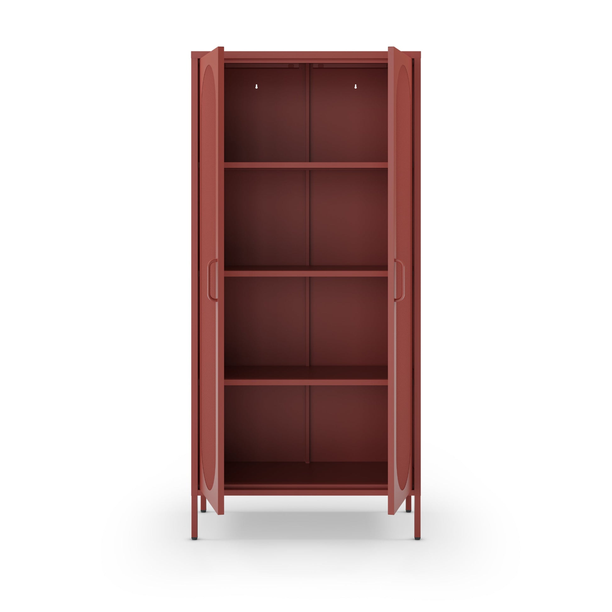 A tall, narrow storage cabinet with two open doors and four interior shelves, shown on a plain white background.