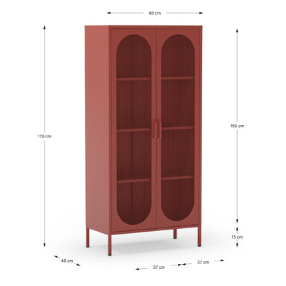 Red cabinet with dimensions on a white background