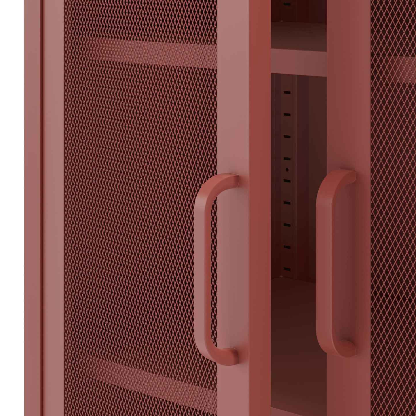 Close-up of a dusty rose metal storage cabinet with a perforated mesh door, a solid side panel, and matching curved handles.