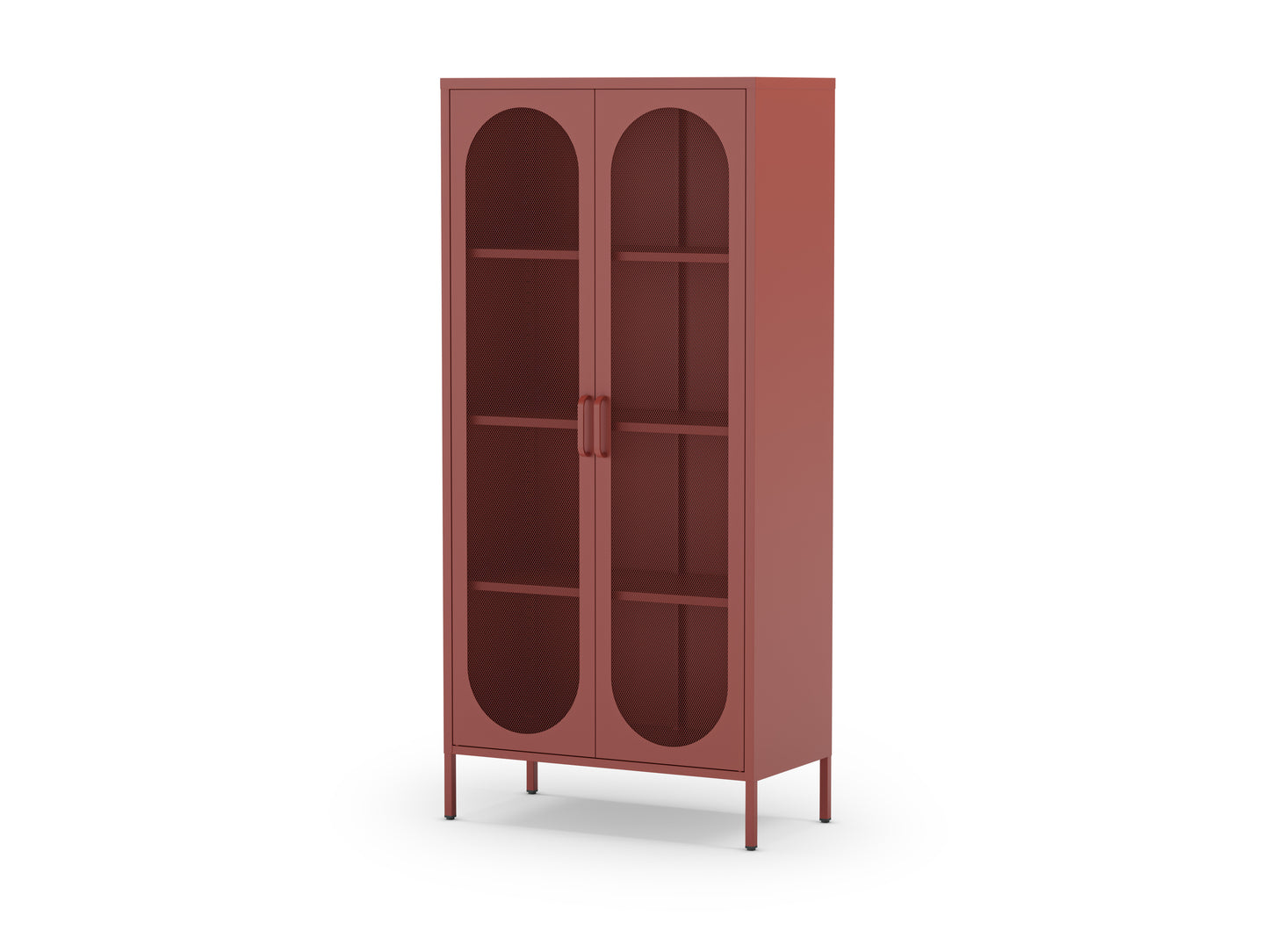 A tall, reddish-brown bookcase cabinet with two arched glass doors and four interior shelves, shown on a plain white background.