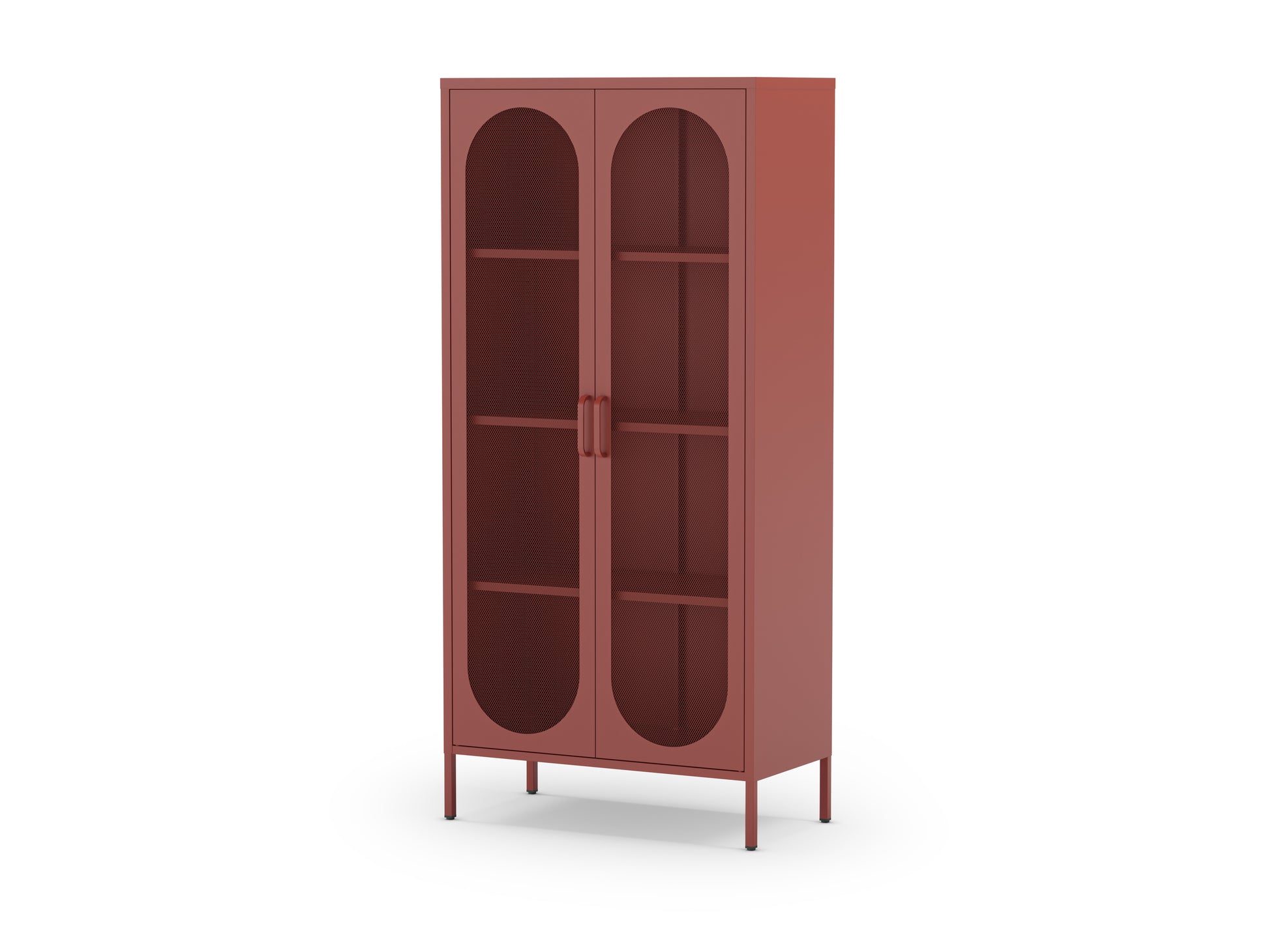 A tall, reddish-brown bookcase cabinet with two arched glass doors and four interior shelves, shown on a plain white background.
