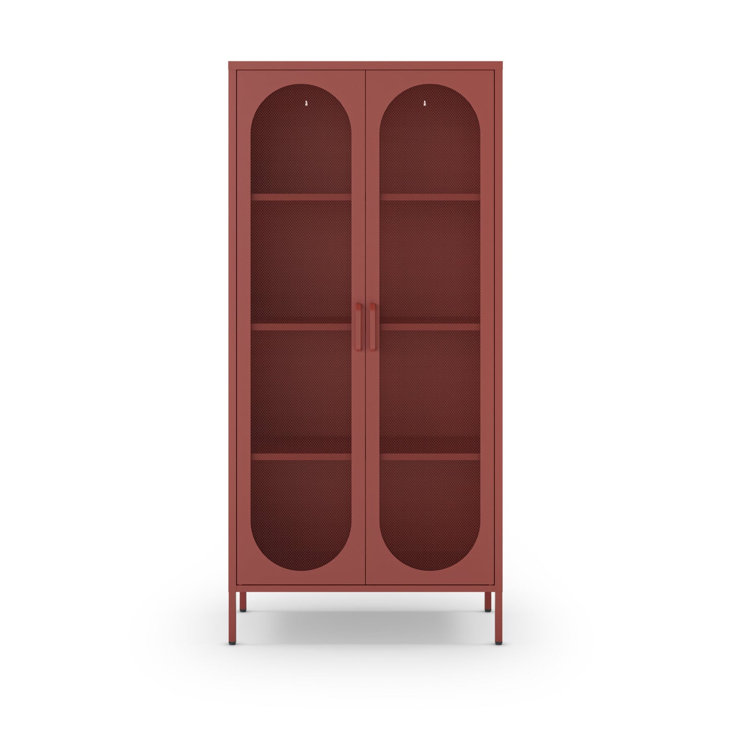 A tall, narrow bookcase cabinet with two arched glass doors and four interior shelves, shown on a plain white background.