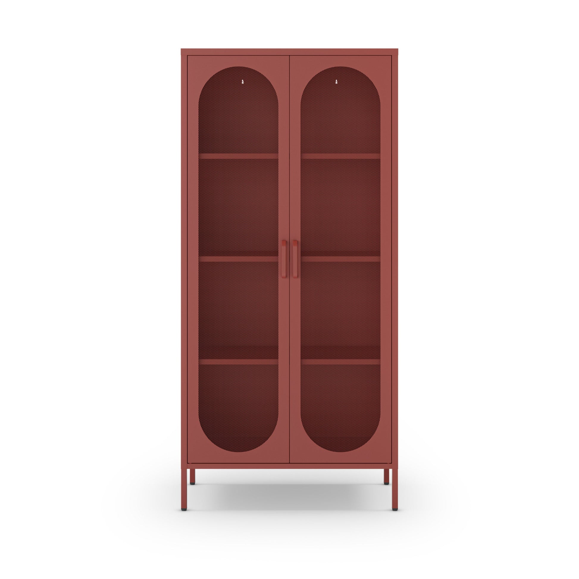 A tall, narrow bookcase cabinet with two arched glass doors and four interior shelves, shown on a plain white background.