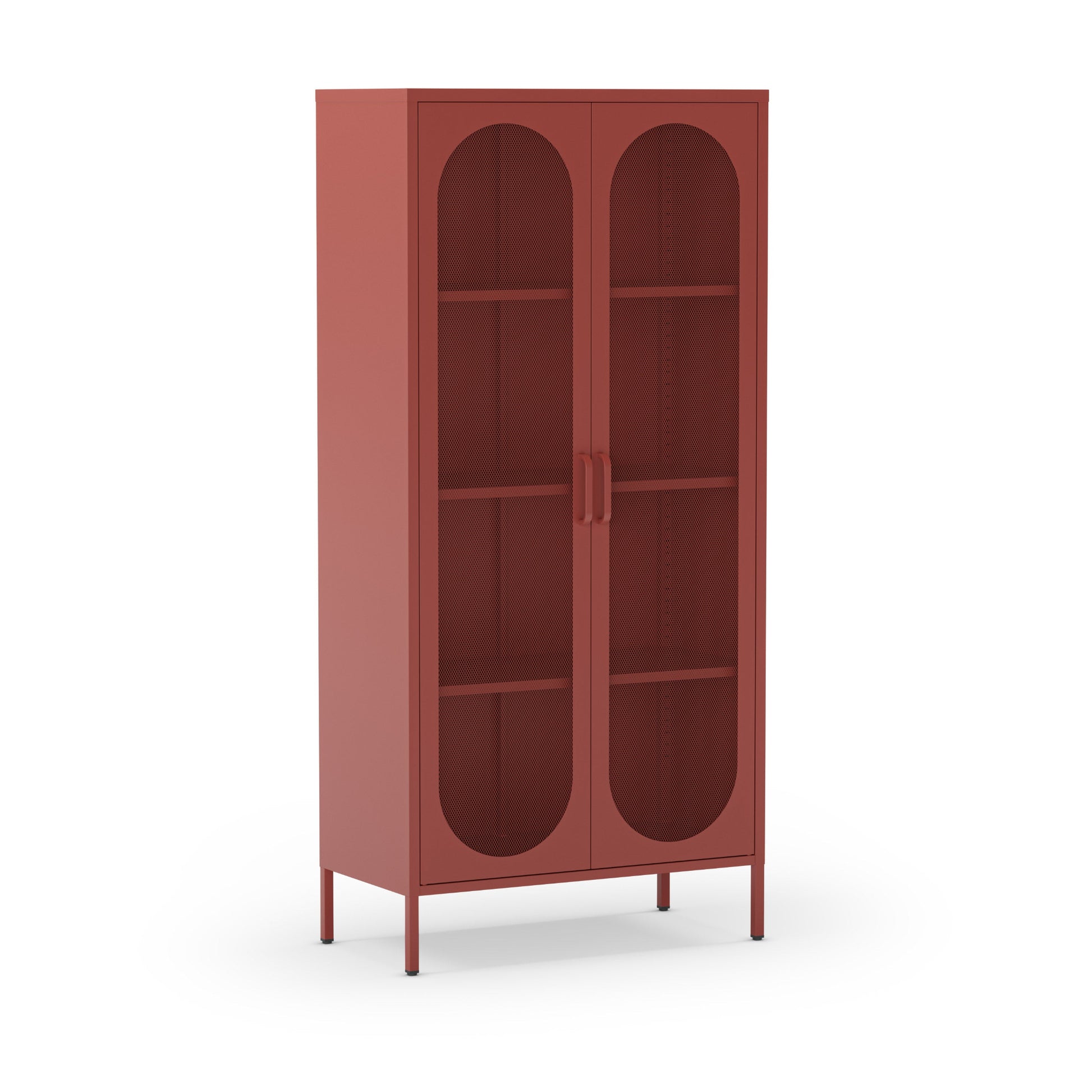 A tall, minimalist bookcase with two arched glass doors and four open shelves, finished in a matte terracotta red color, shown on a solid white background.
