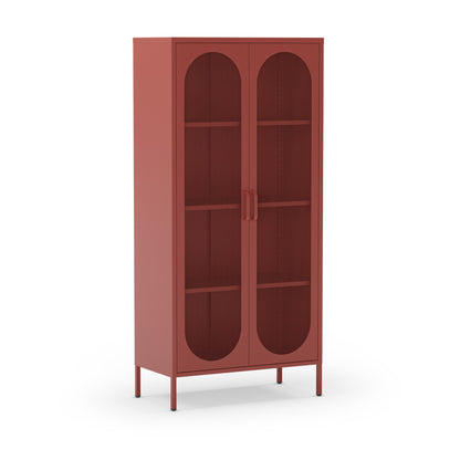 A tall, minimalist bookcase with two arched glass doors and four open shelves, finished in a matte terracotta red color, shown on a solid white background.