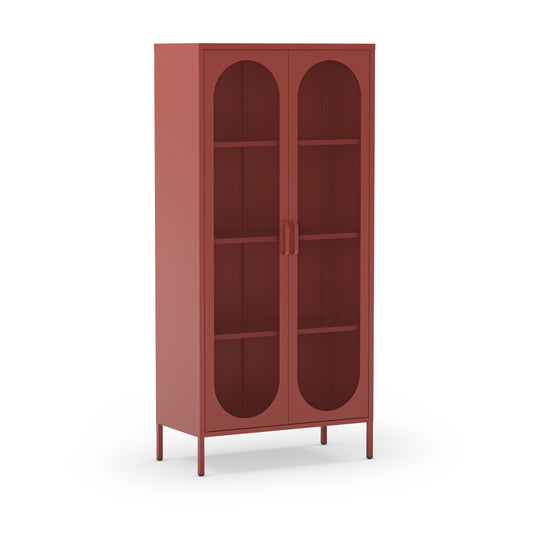 A tall, minimalist bookcase with two arched glass doors and four open shelves, finished in a matte terracotta red color, shown on a solid white background.