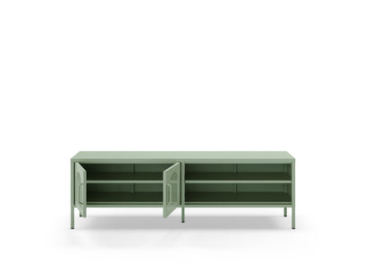 A sage green modern sideboard cabinet with two open doors and three interior shelves, shown against a plain white background.