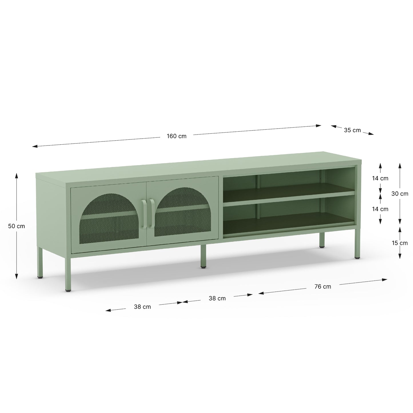 A sage green media console with two arched glass doors and open shelving, shown with dimension callouts indicating measurements of 160 cm length, 50 cm height, and shelf and leg measurements.