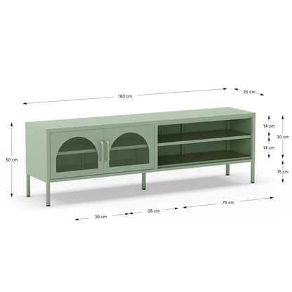 A sage green media console with two arched glass doors and open shelving, shown with dimension callouts indicating measurements of 160 cm length, 50 cm height, and shelf and leg measurements.
