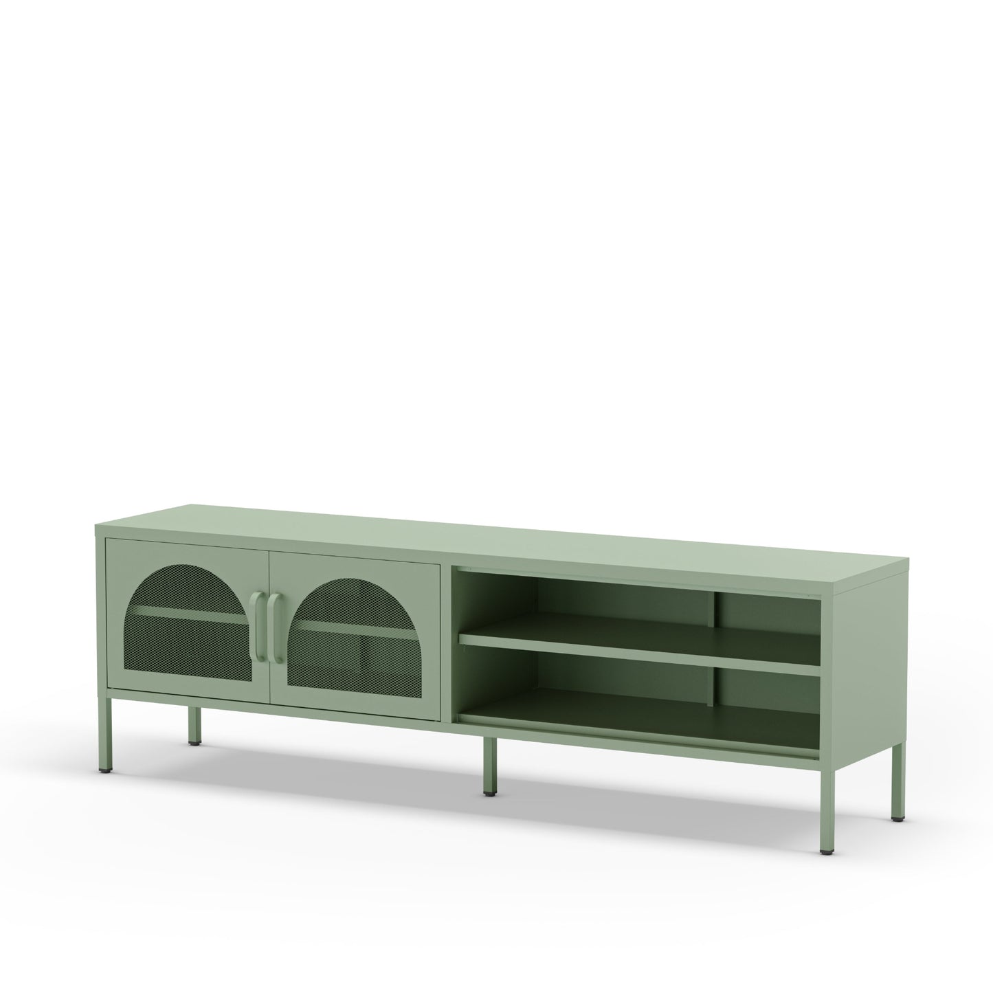 A modern long media console in sage green, featuring two cabinet doors with arched glass panels on the left and open shelving on the right, supported by slim legs.