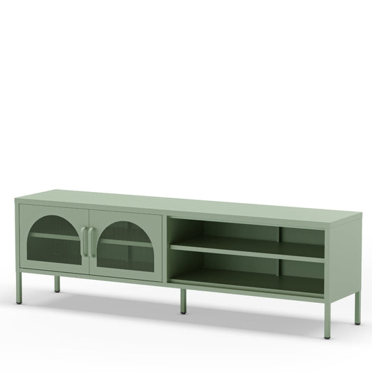A modern long media console in sage green, featuring two cabinet doors with arched glass panels on the left and open shelving on the right, supported by slim legs.