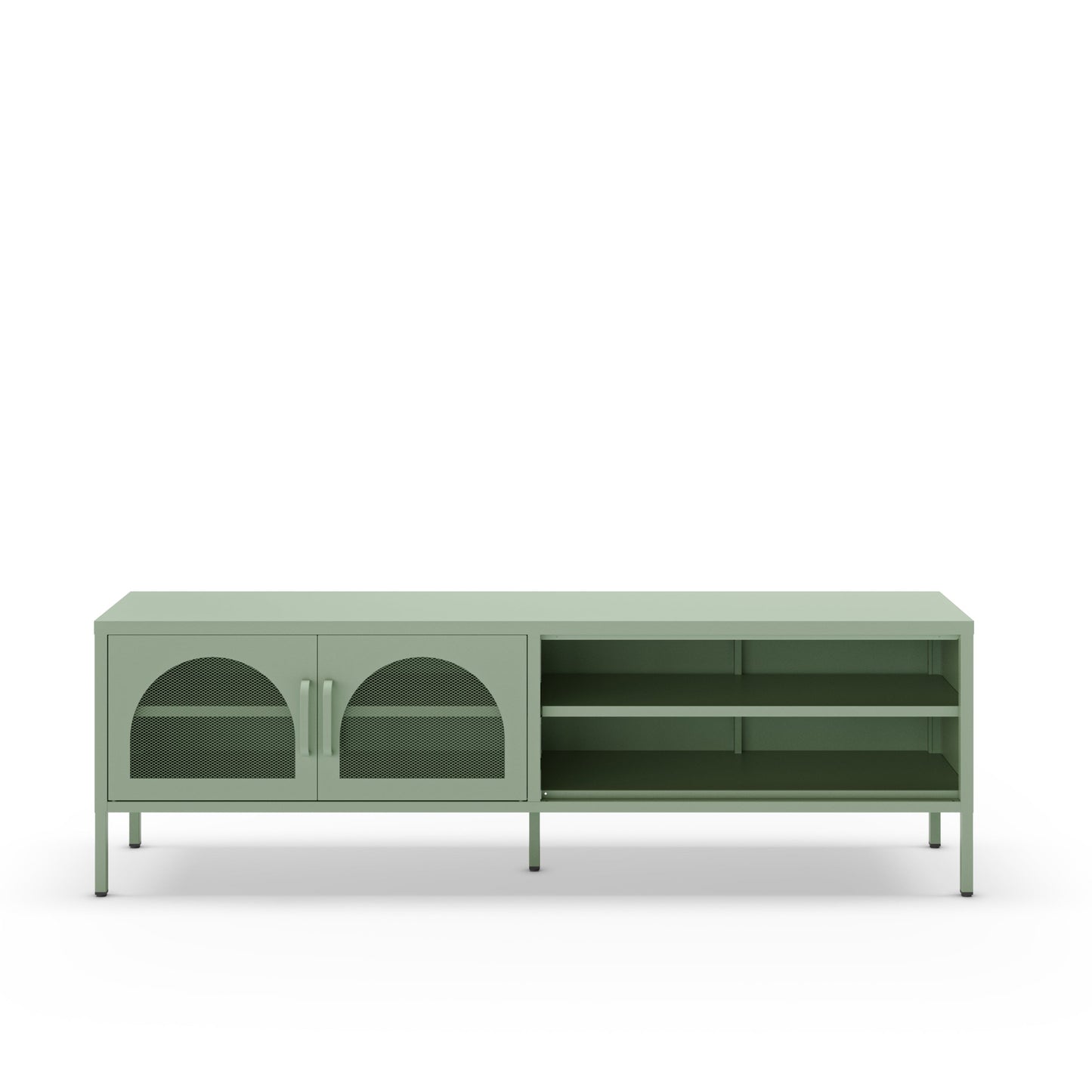 A modern low-profile media console in sage green, featuring two arched glass-front doors on the left and open shelving on the right, supported by slim legs.
