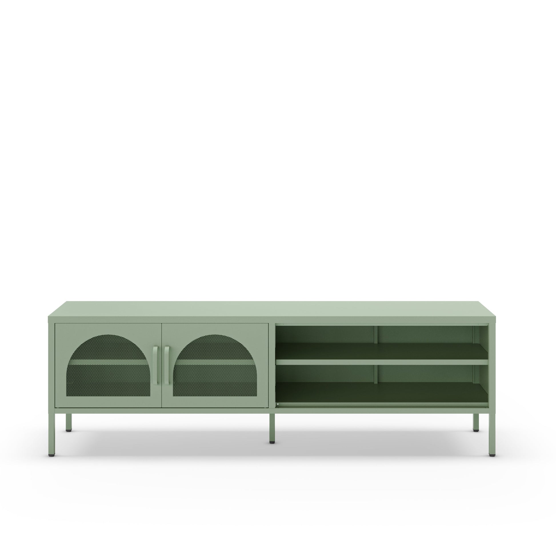 A modern low-profile media console in sage green, featuring two arched glass-front doors on the left and open shelving on the right, supported by slim legs.