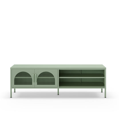 A modern low-profile media console in sage green, featuring two arched glass-front doors on the left and open shelving on the right, supported by slim legs.