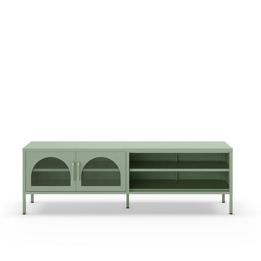 A modern low-profile media console in sage green, featuring two arched glass-front doors on the left and open shelving on the right, supported by slim legs.