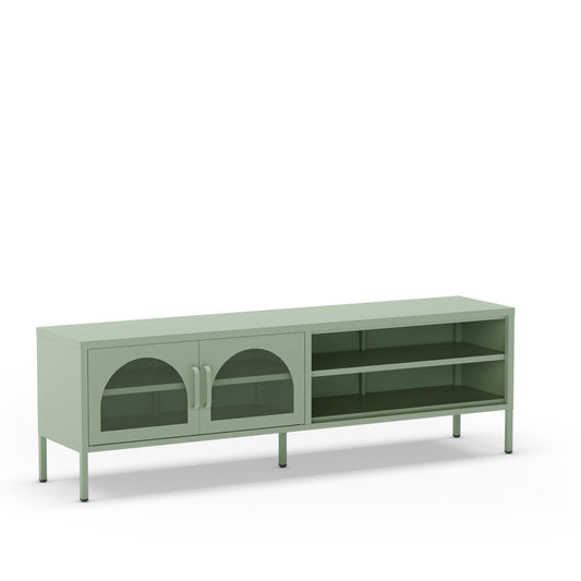 A modern long sideboard cabinet in sage green, featuring two arched glass doors on the left and open shelving on the right, supported by slim legs, shown on a white background.