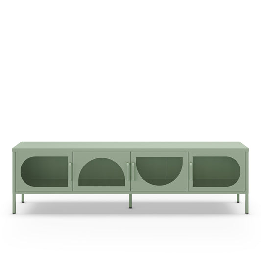 A modern low-profile sideboard or media console in sage green, featuring four cabinet doors with unique arched and semi-circular cutouts, slim vertical handles, and thin metal legs, shown against a plain white background.
