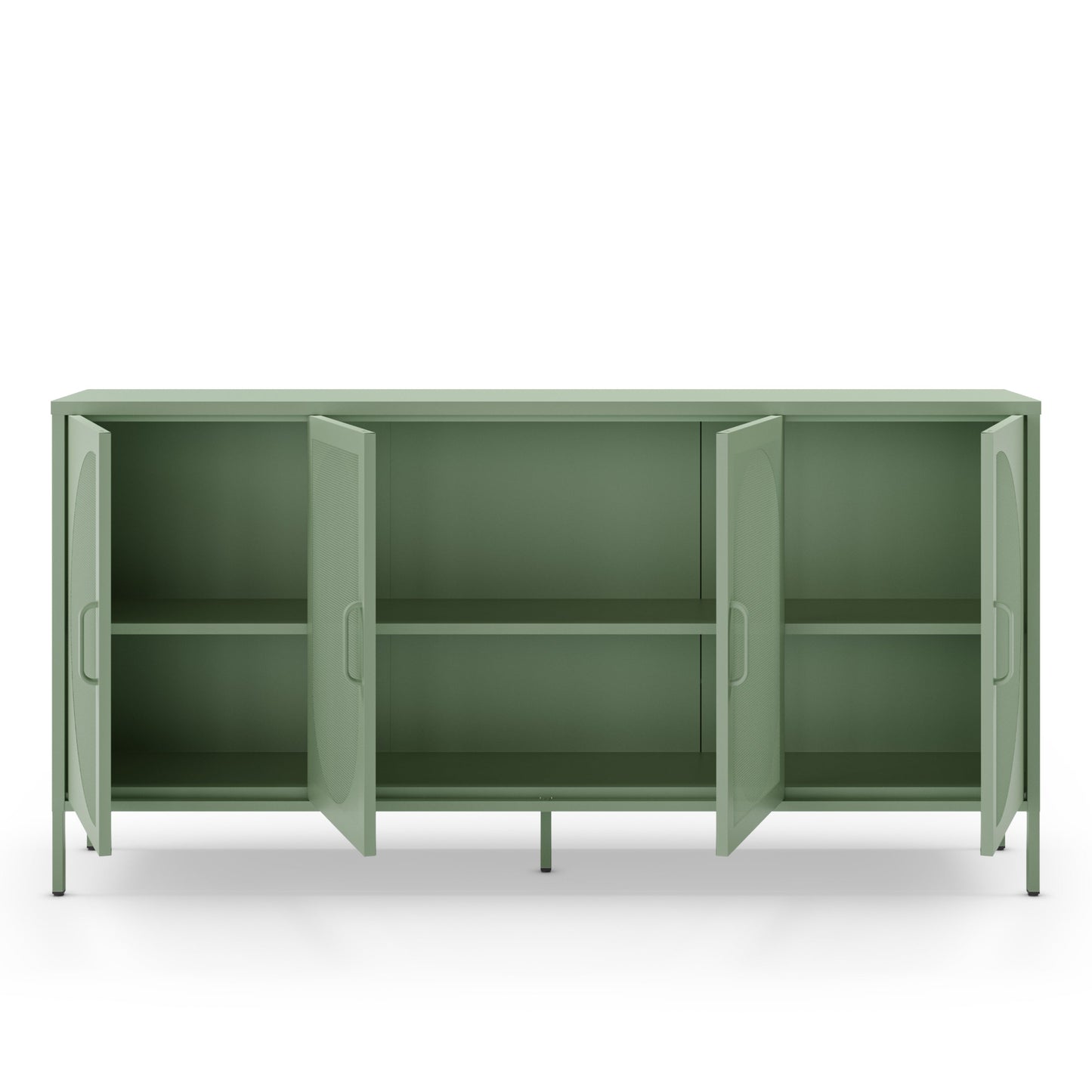 A sage green metal sideboard cabinet with four doors shown open, revealing two interior shelves, on a clean white background.