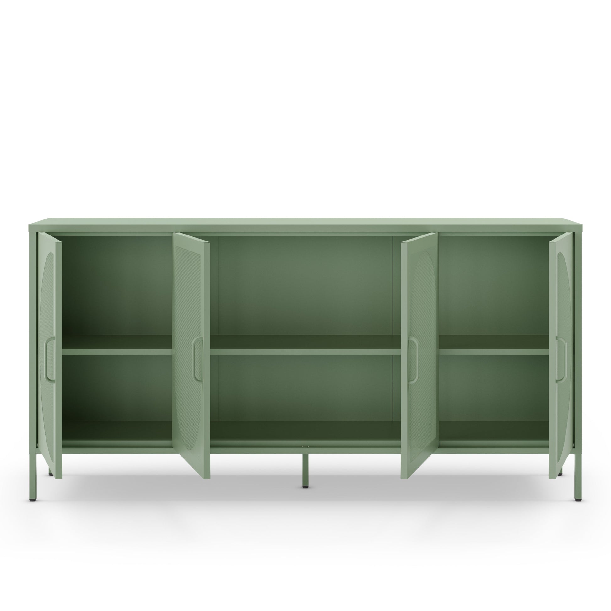 A sage green metal sideboard cabinet with four doors shown open, revealing two interior shelves, on a clean white background.