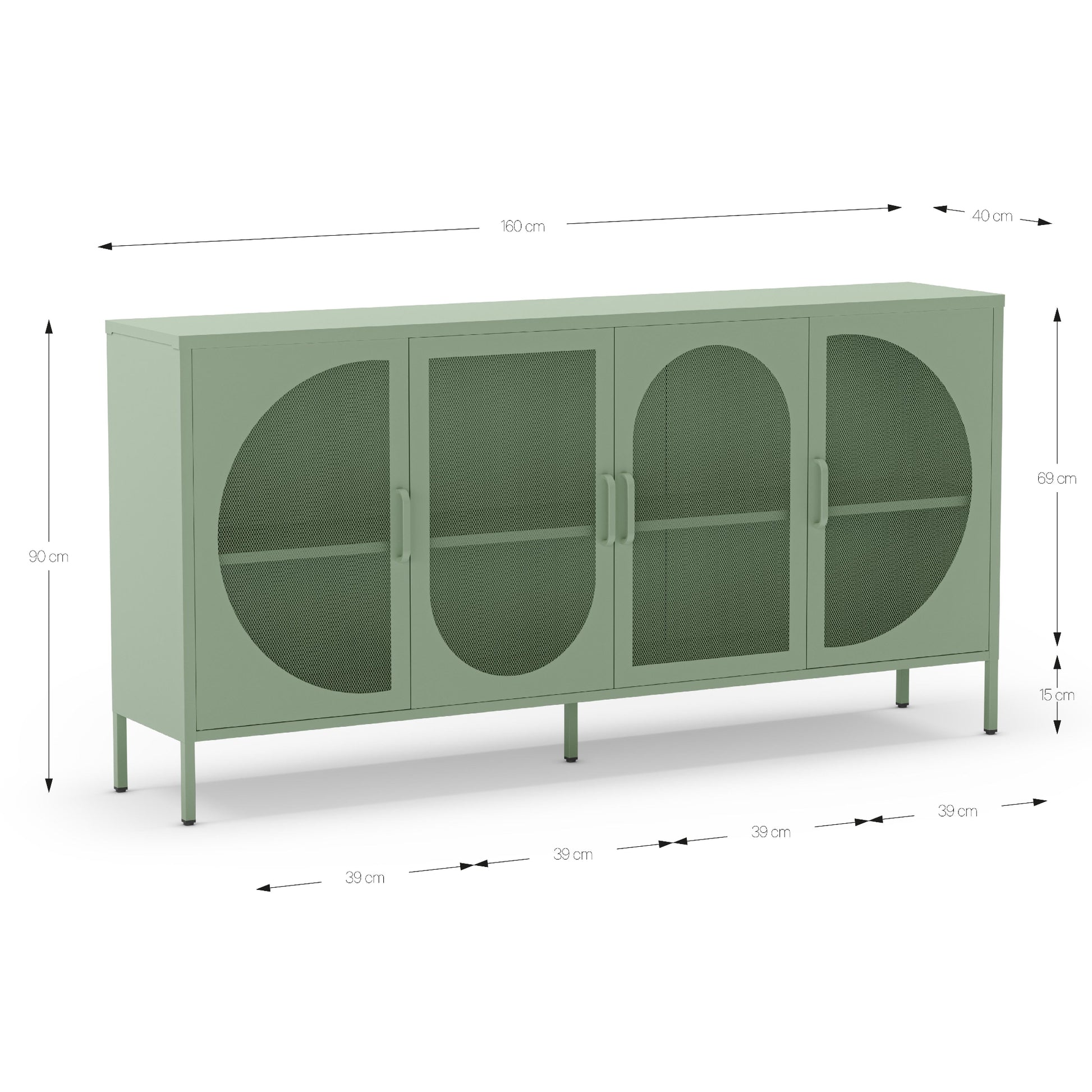 A sideboard cabinet with four arched glass doors and metal legs, shown with dimension lines and labels indicating measurements of 160 cm width, 90 cm height, and 30 cm door spacing.