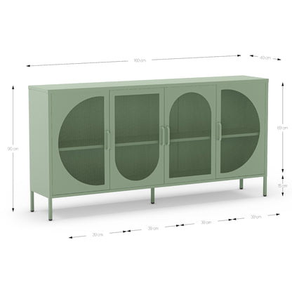 A sideboard cabinet with four arched glass doors and metal legs, shown with dimension lines and labels indicating measurements of 160 cm width, 90 cm height, and 30 cm door spacing.