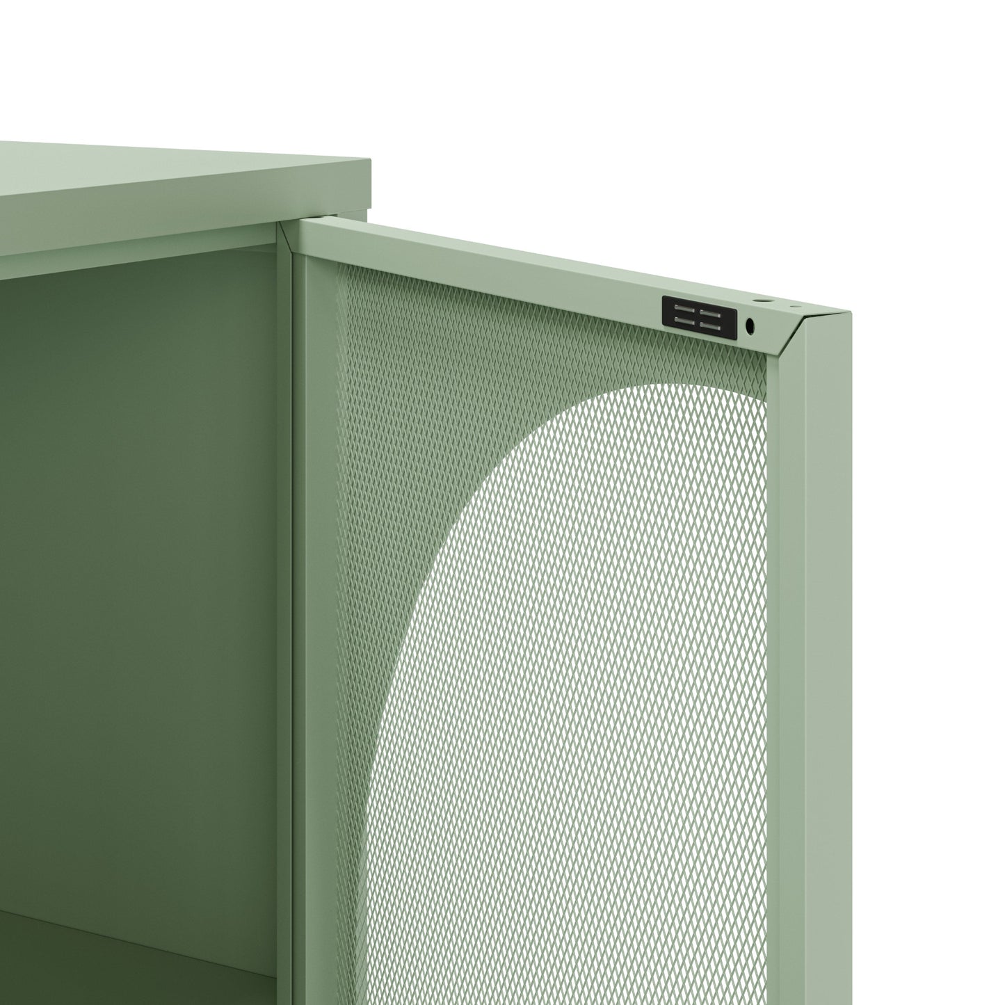 Close-up of a beige metal storage cabinet door with a perforated mesh panel and a small black control switch, shown against a white background.
