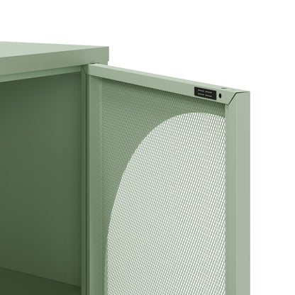 Close-up of a beige metal storage cabinet door with a perforated mesh panel and a small black control switch, shown against a white background.