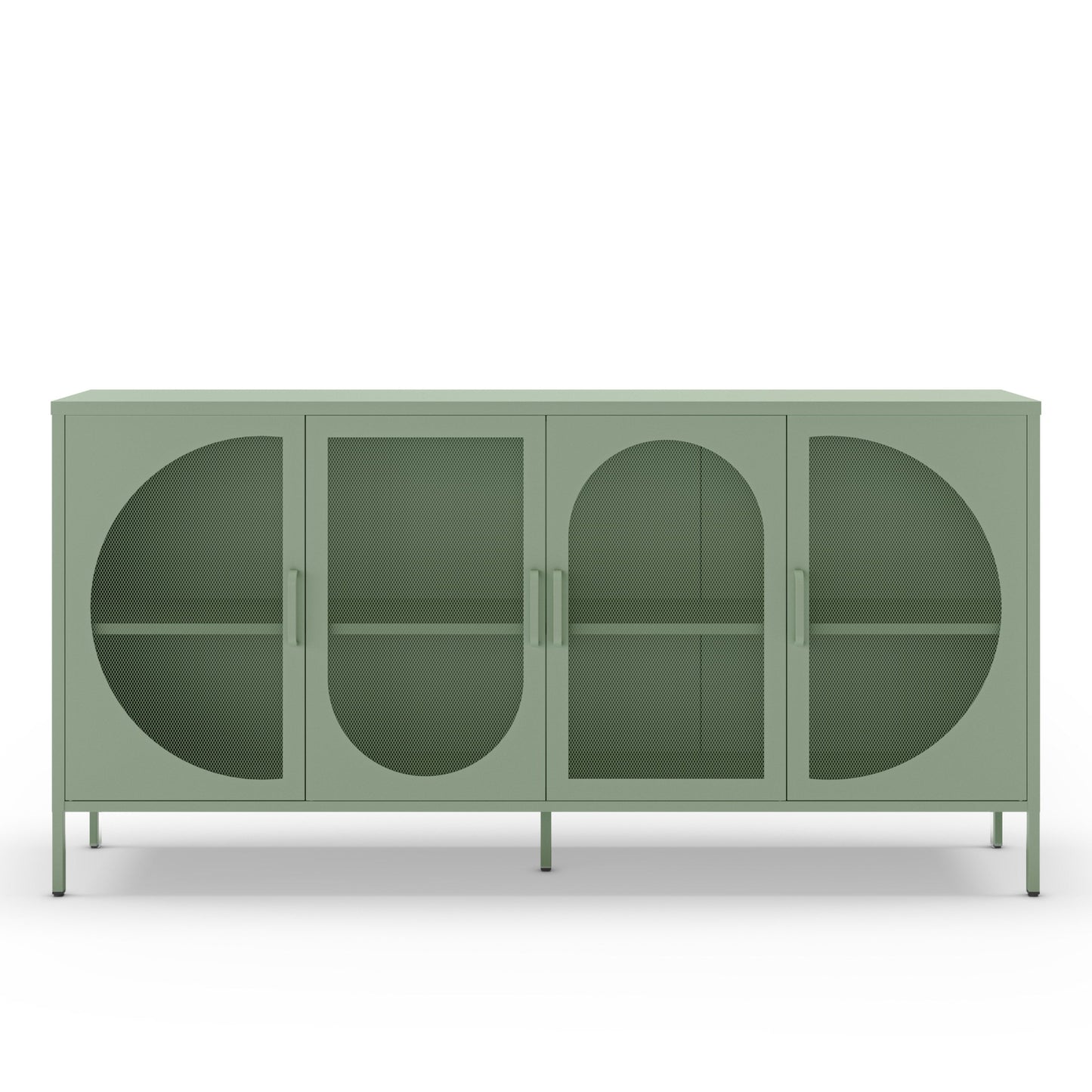 A sage green sideboard cabinet with four doors featuring arched and circular cutouts, shown on a clean white background.